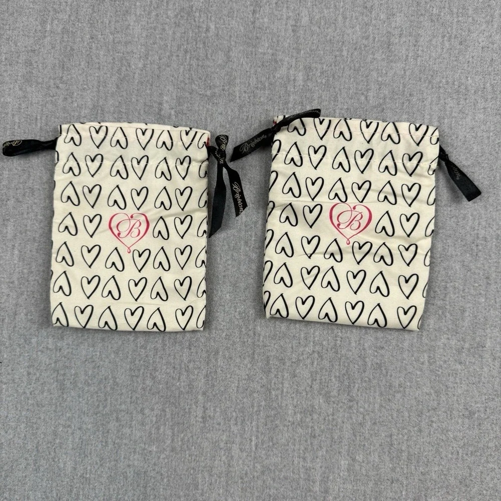 Lot Of 2 Vintage BRIGHTON Bag Black White Medium Hearts Drawstring Jewelry Pouch